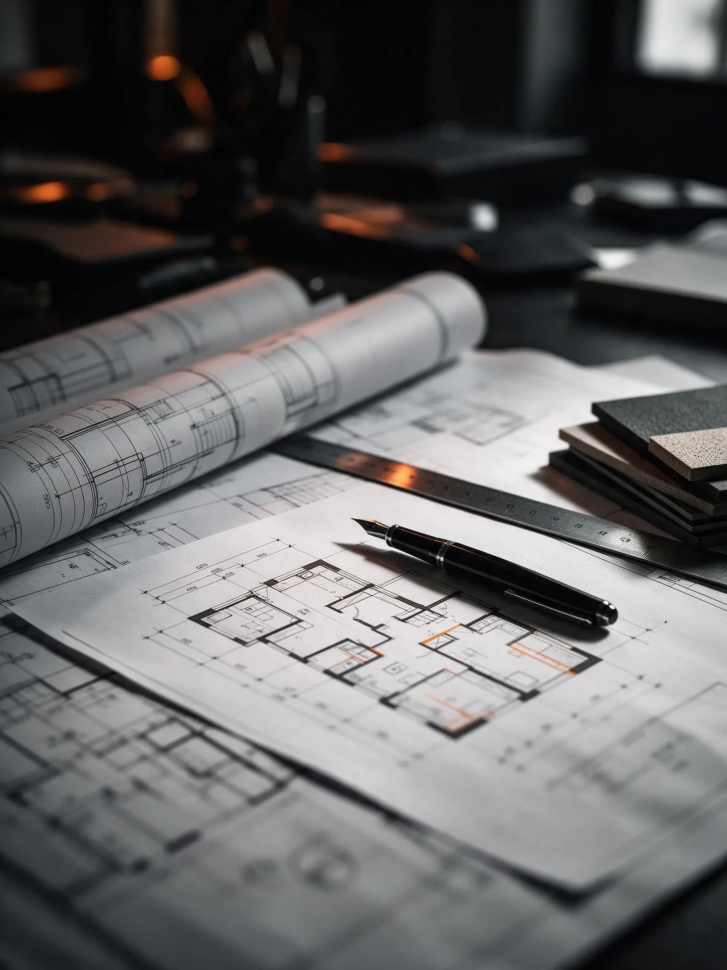 Architectural blueprint plans with pen and ruler