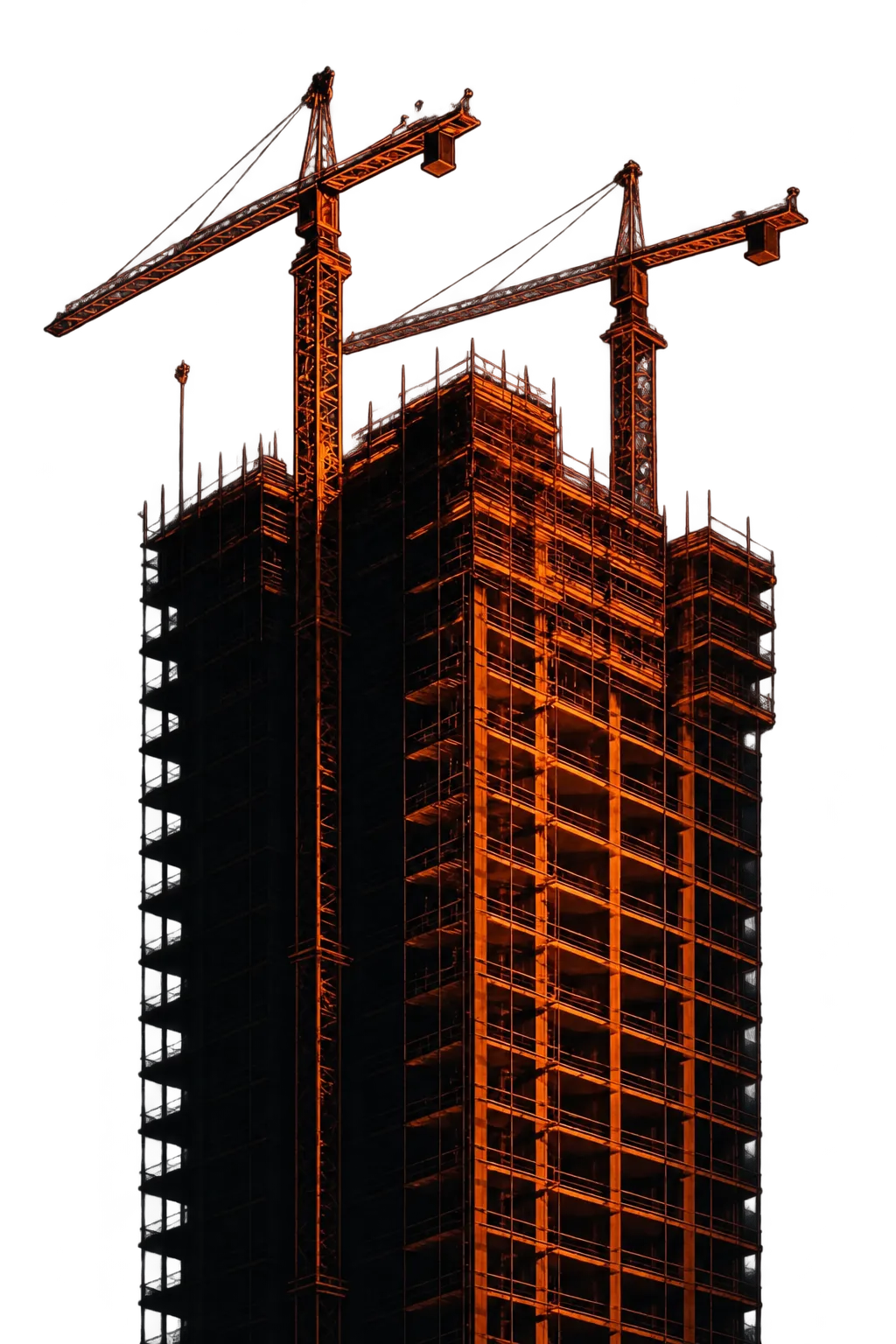 Tower under construction, its scaffolding and two cranes lit orange against the sky